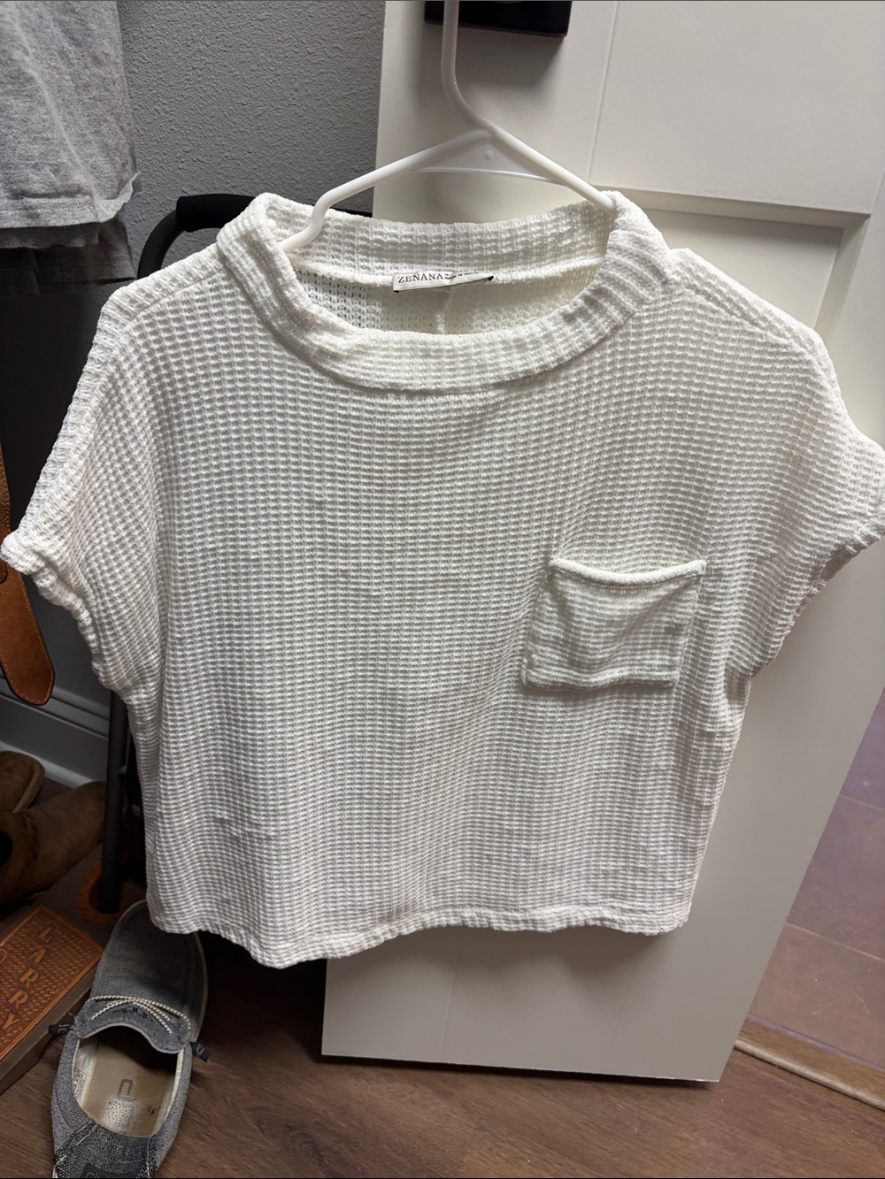 NaNa Ivory Waffle-Knit Cropped Pocket Top